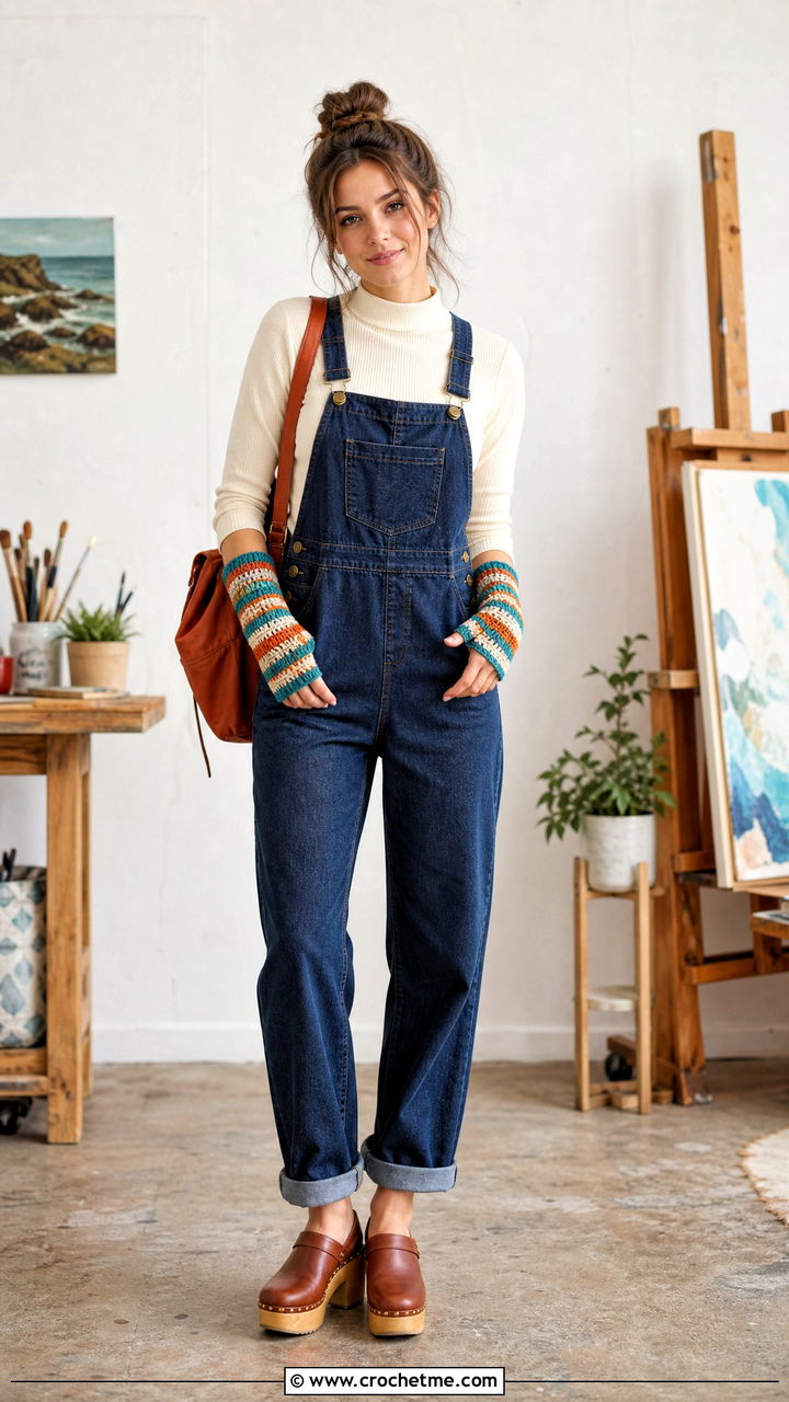Striped Crochet Fingerless Gloves With Overalls - 35 easy crochet fingerless gloves outfit ideas