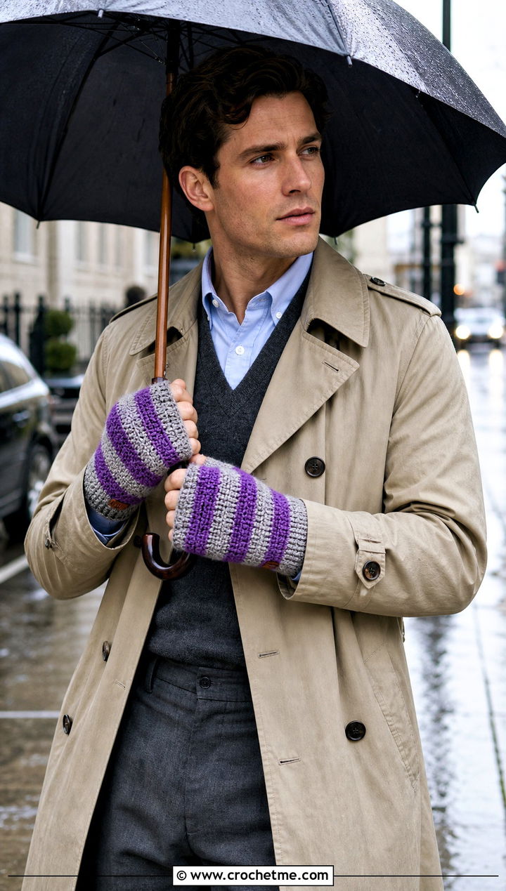 Striped Crochet Fingerless Gloves With Trench Coat - 25 Crochet Mens Fingerless Gloves outfit ideas