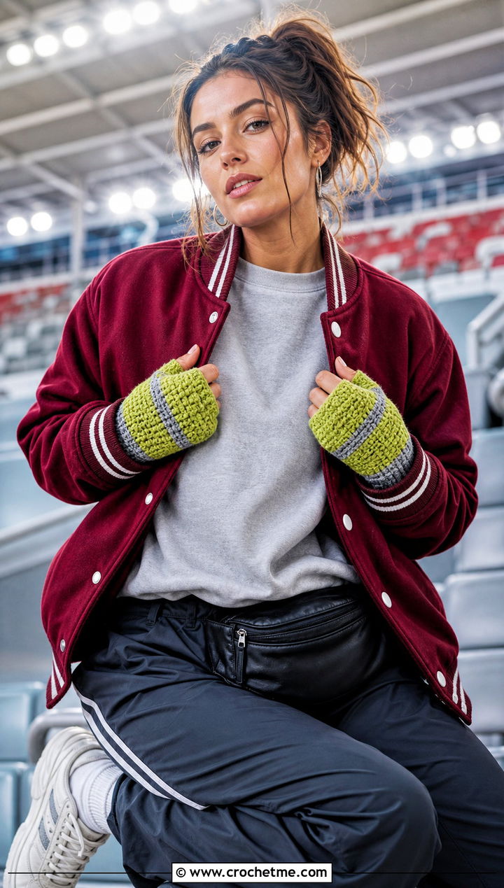 Striped Crochet Fingerless Gloves With Varsity Jacket - 25 finger less crochet gloves outfit ideas