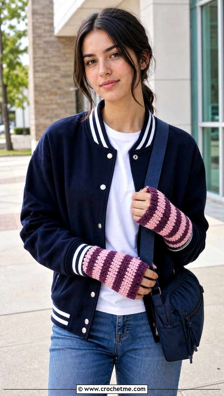 Striped Crochet Fingerless Mittens With Varsity Jacket - 25 crochet fingerless mittens outfit ideas