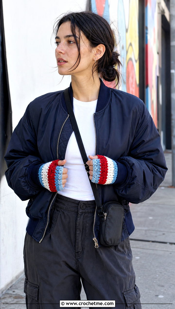 Striped Crochet Fingerless Mitts With Bomber Jacket - 30 crochet half gloves fingerless mitts outfit ideas
