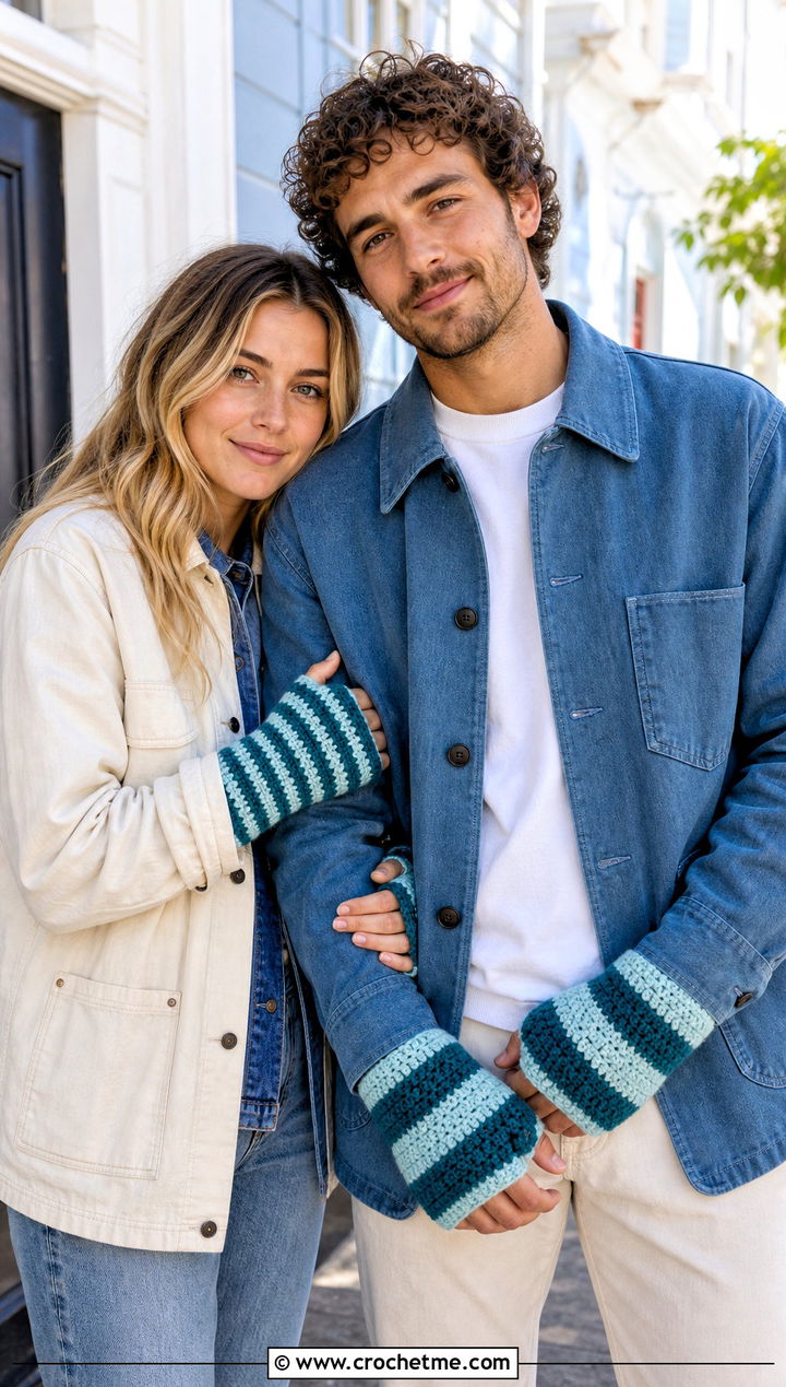 Striped Crochet Fingerless Mitts With Chore Jackets - 25 Crochet Gloves For Couples outfit ideas
