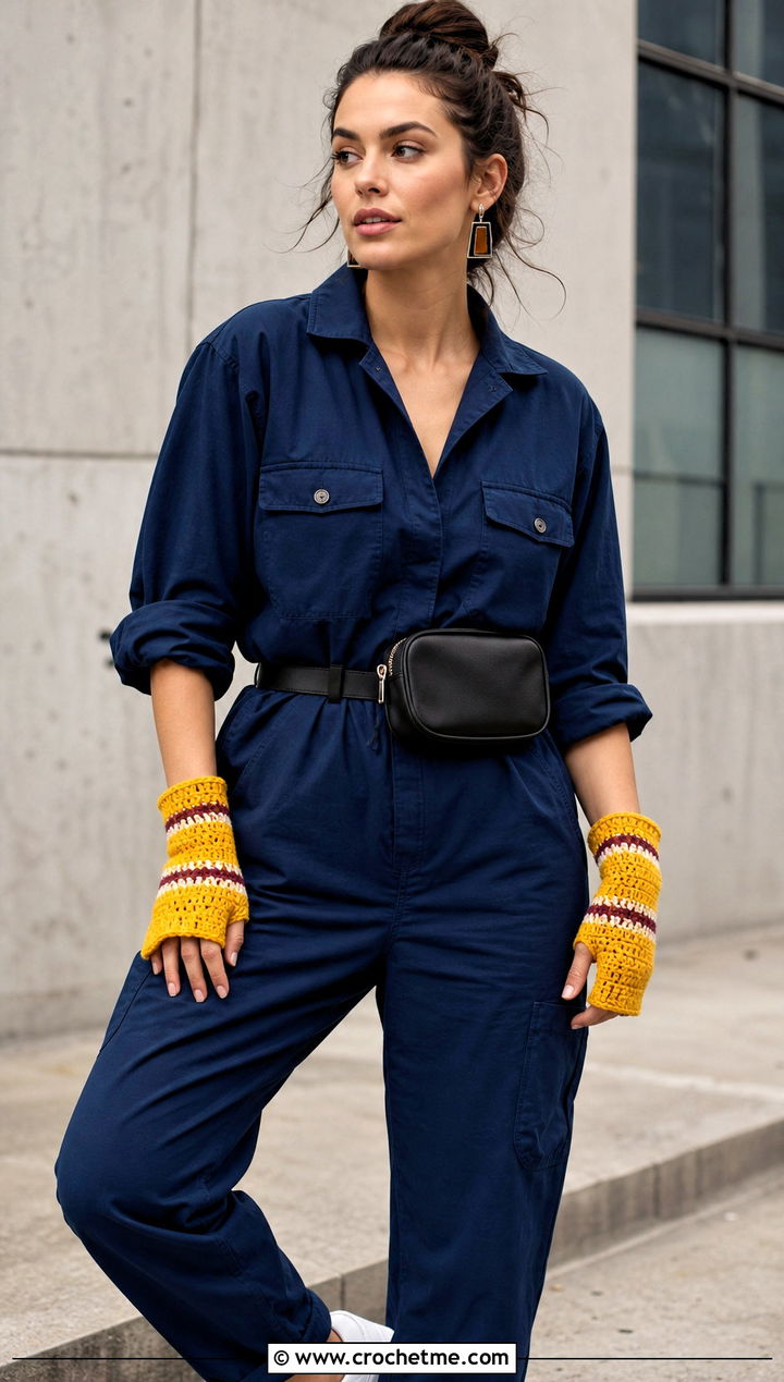 Striped Crochet Fingerless Mitts With Utility Jumpsuit - 25 Crochet Fingerless Mitts outfit ideas