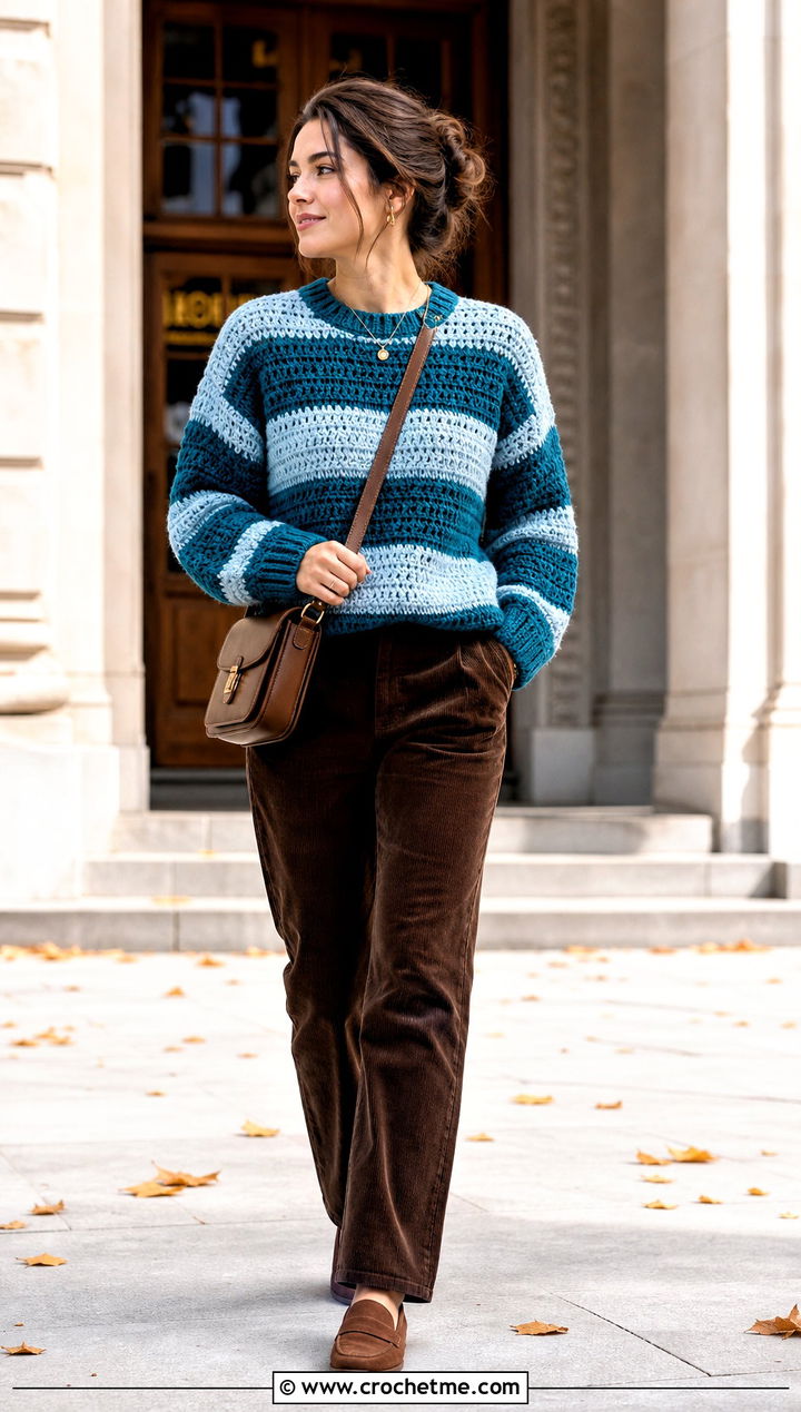 Striped Crochet Fisherman Sweater With Corduroy Pants - 25 crochet fisherman sweater outfit ideas