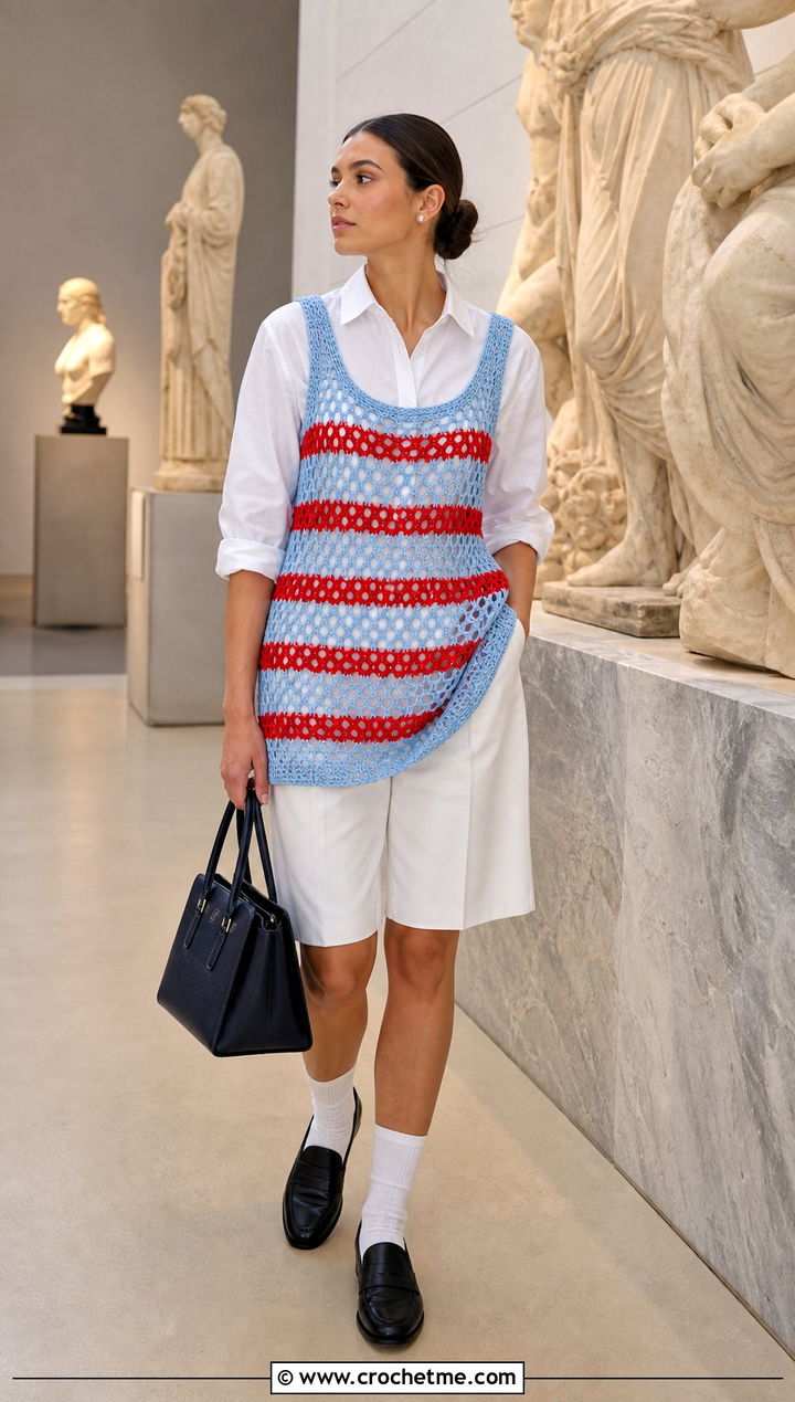 Striped Crochet Fishnet Dress With White Shirt - 15 Crochet Fishnet Dress outfit ideas