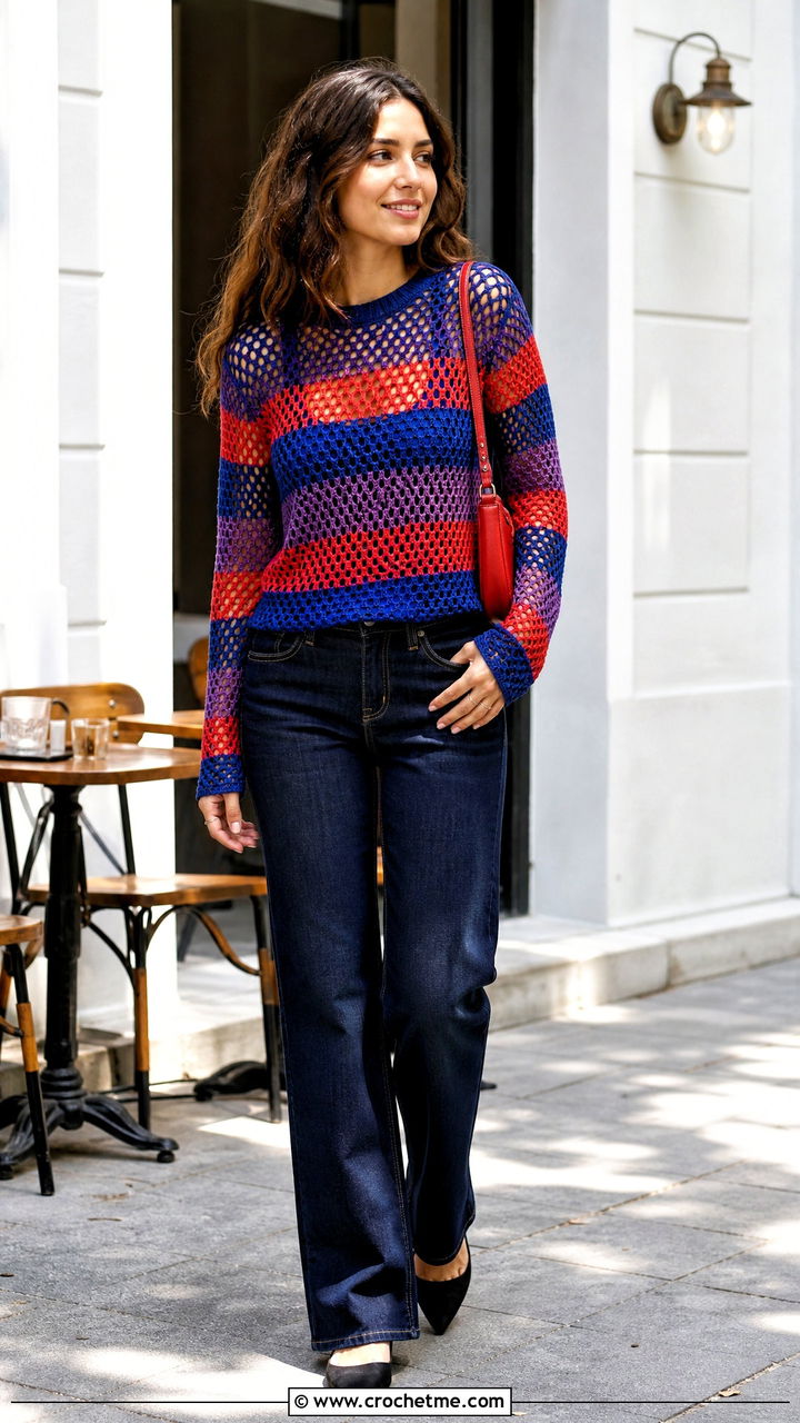 Striped Crochet Fishnet Top With Dark Denim - 35 crochet fishnet top outfit ideas