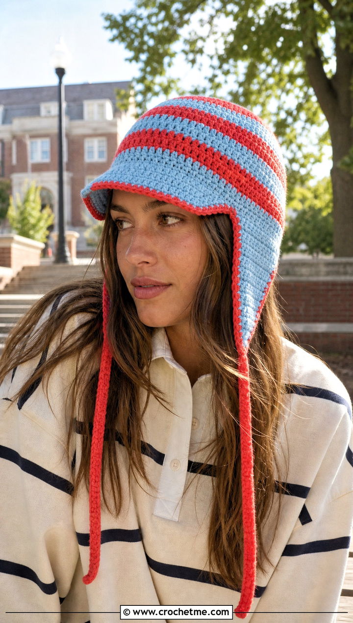 Striped Crochet Flap Hat With Rugby Shirt - 30 crochet flap hat outfit ideas