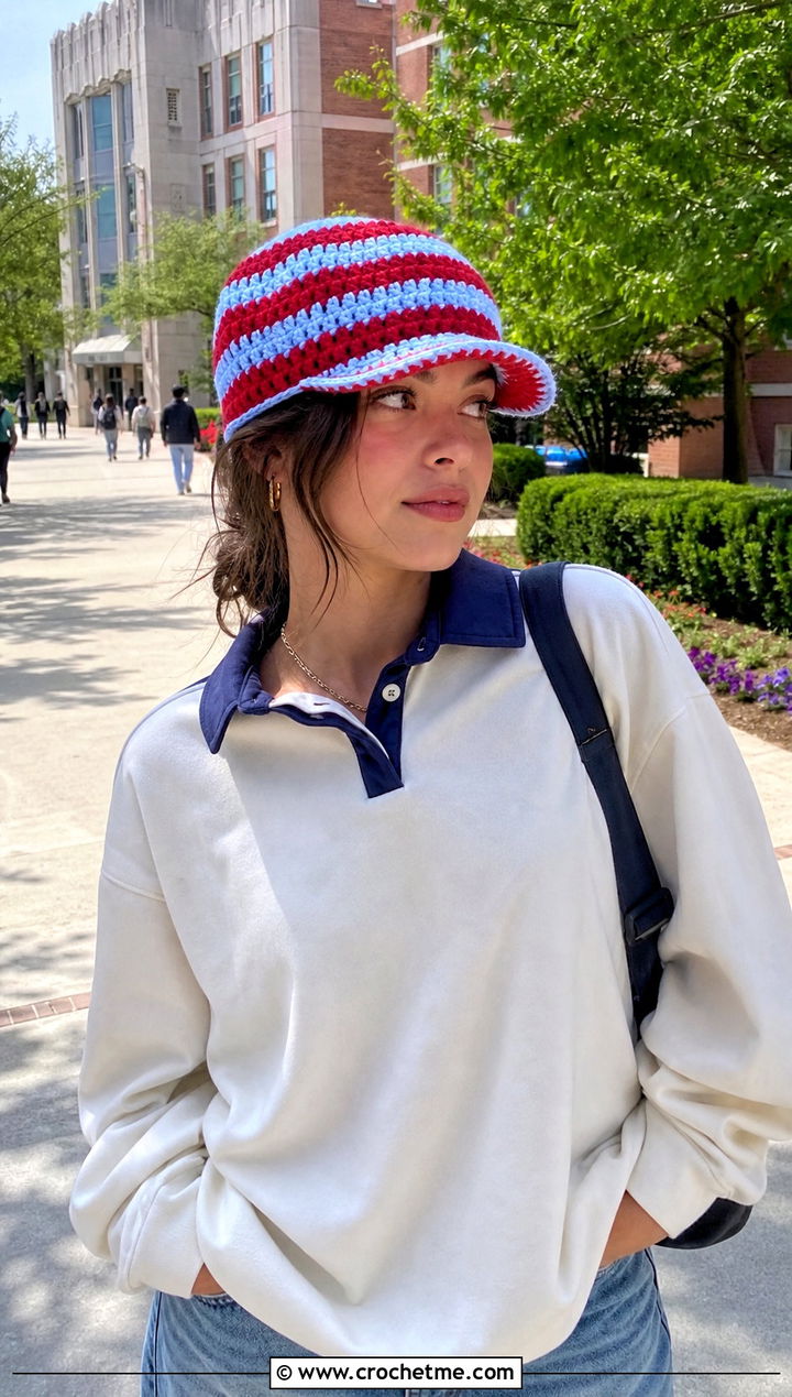Striped Crochet Flat Cap With Rugby Shirt And Wide Leg Jeans - 25 crochet flat cap outfit ideas