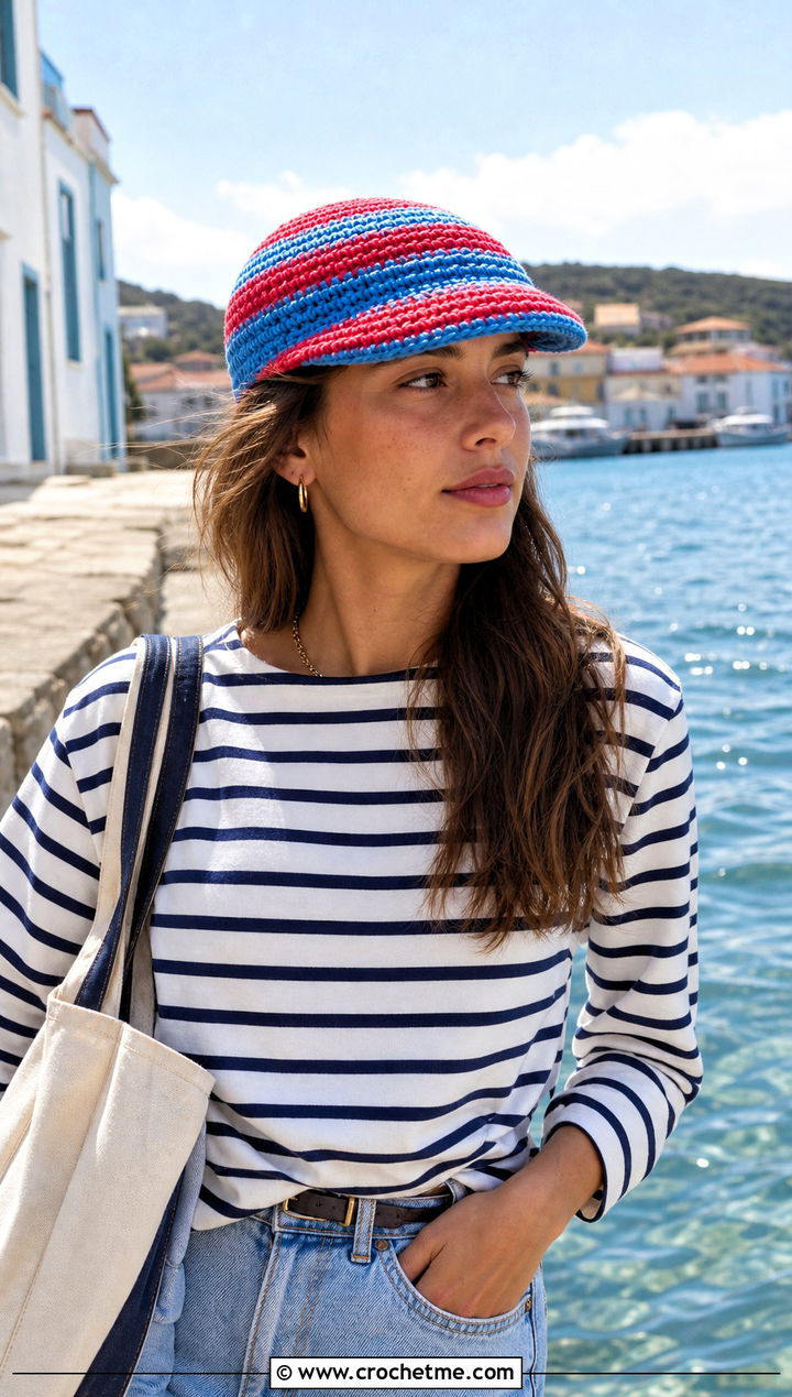 Striped Crochet Flat Golf Hat With Breton Top And Wide Leg Jeans - 25 crochet golf hat outfit ideas
