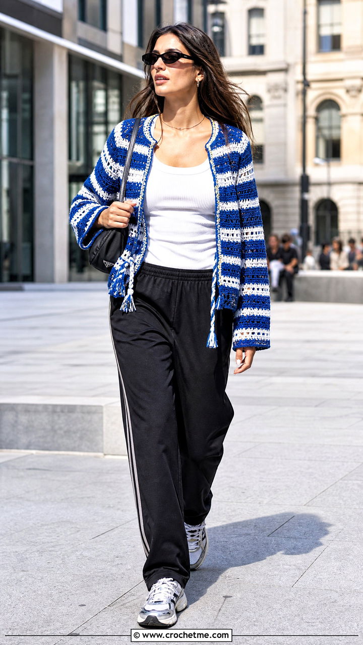 Striped Crochet Folklore Cardigan With Track Pants - 35 crochet folklore cardigan outfit ideas