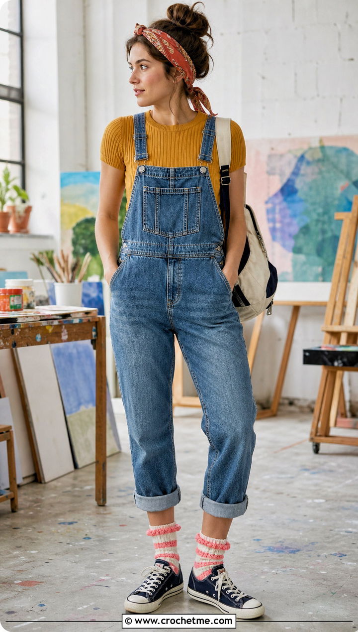 Striped Crochet Frilly Socks With Denim Overalls - 25 Crochet Frilly Socks outfit ideas