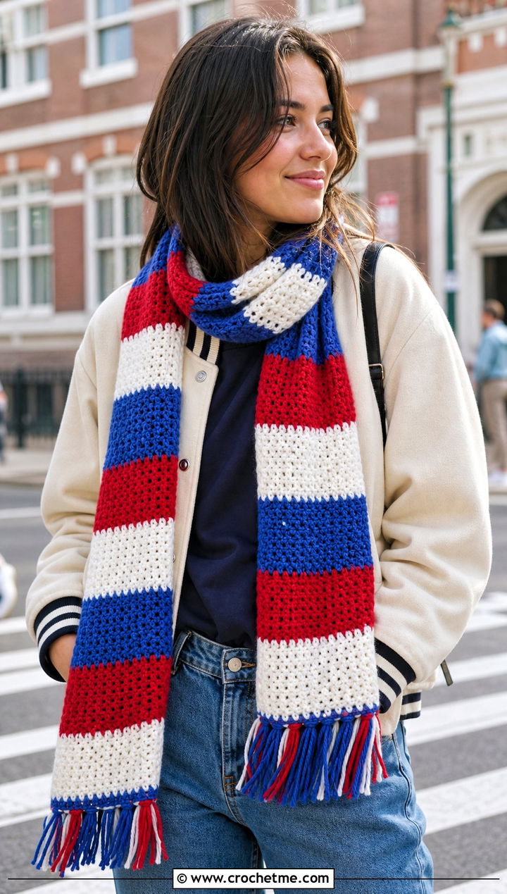 Striped Crochet Fringe Scarf With Varsity Jacket - 25 Crochet Scarf Fringe Ideas