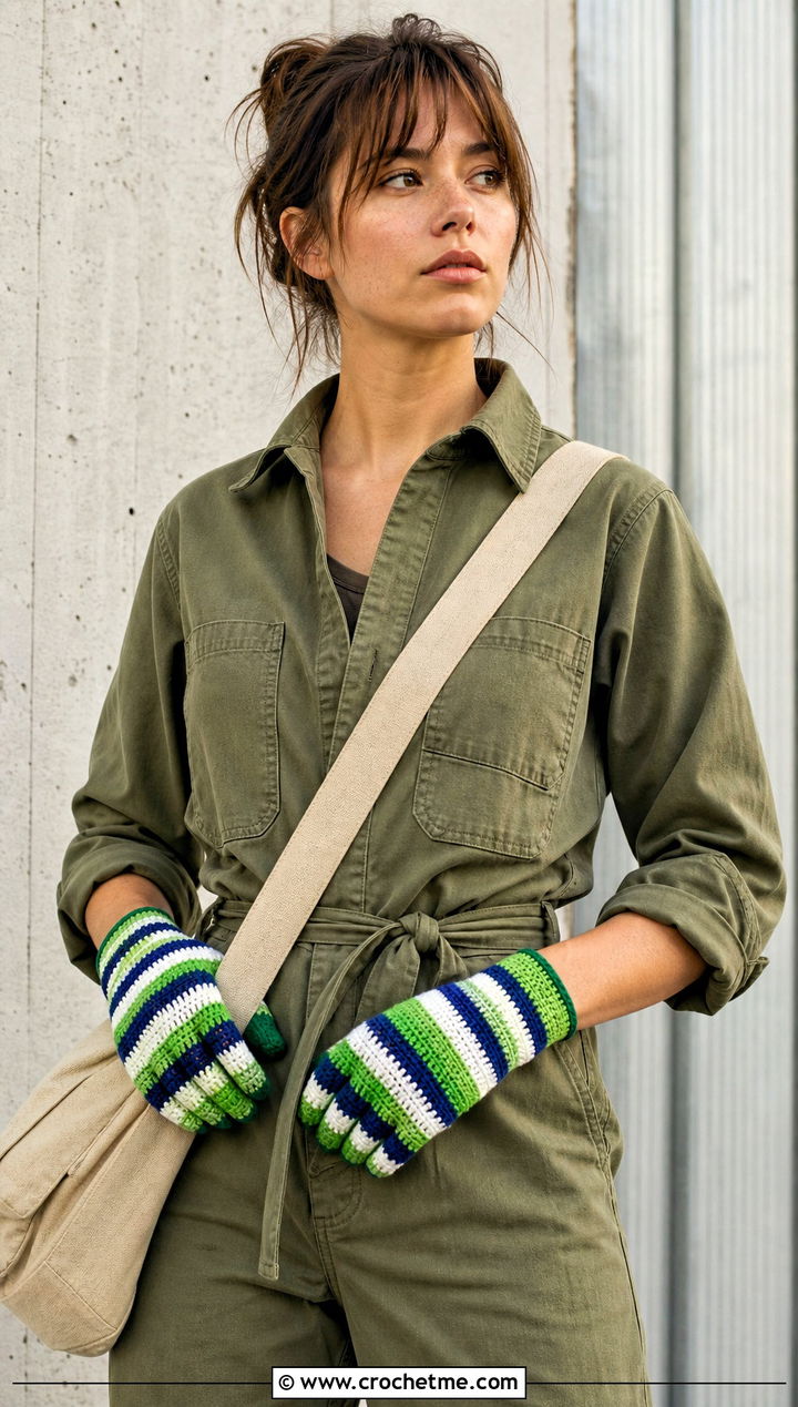 Striped Crochet Gloves With Utility Jumpsuit - 35 crochet gloves fingers outfit ideas