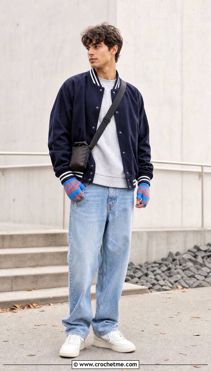 Striped Crochet Gloves With Varsity Jacket - 35 men crochet gloves outfit ideas