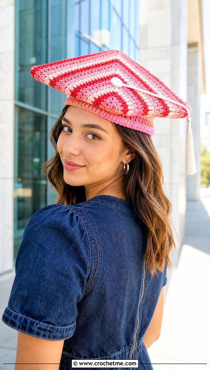 Striped Crochet Graduation Cap Cover With Denim Dress - 30 crochet graduation cap cover outfit ideas