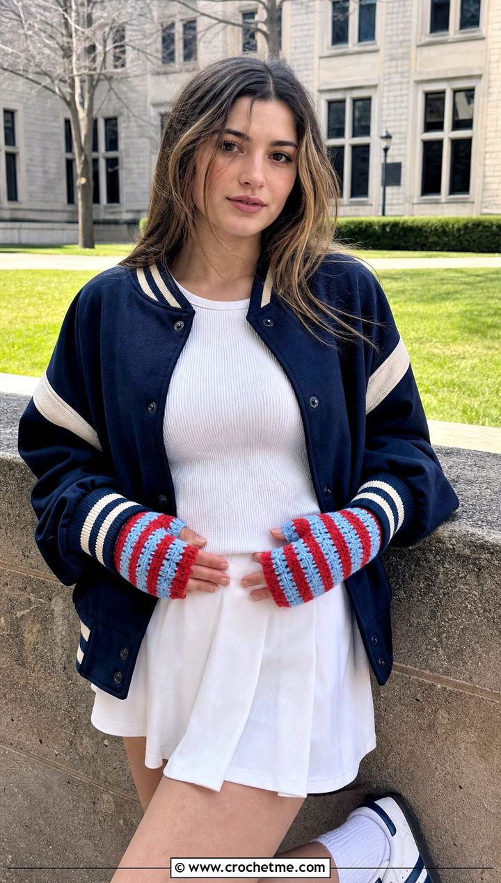 Striped Crochet Half Finger Gloves With Varsity Jacket - 30 crochet half finger gloves outfit ideas
