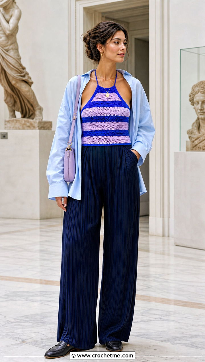 Striped Crochet Halter Neck Top With Pleated Pants - 30 crochet halter neck outfit ideas