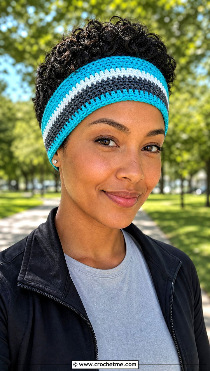Striped Crochet Headband With Athleisure Outfit - 25 crochet headband for short hair outfit ideas