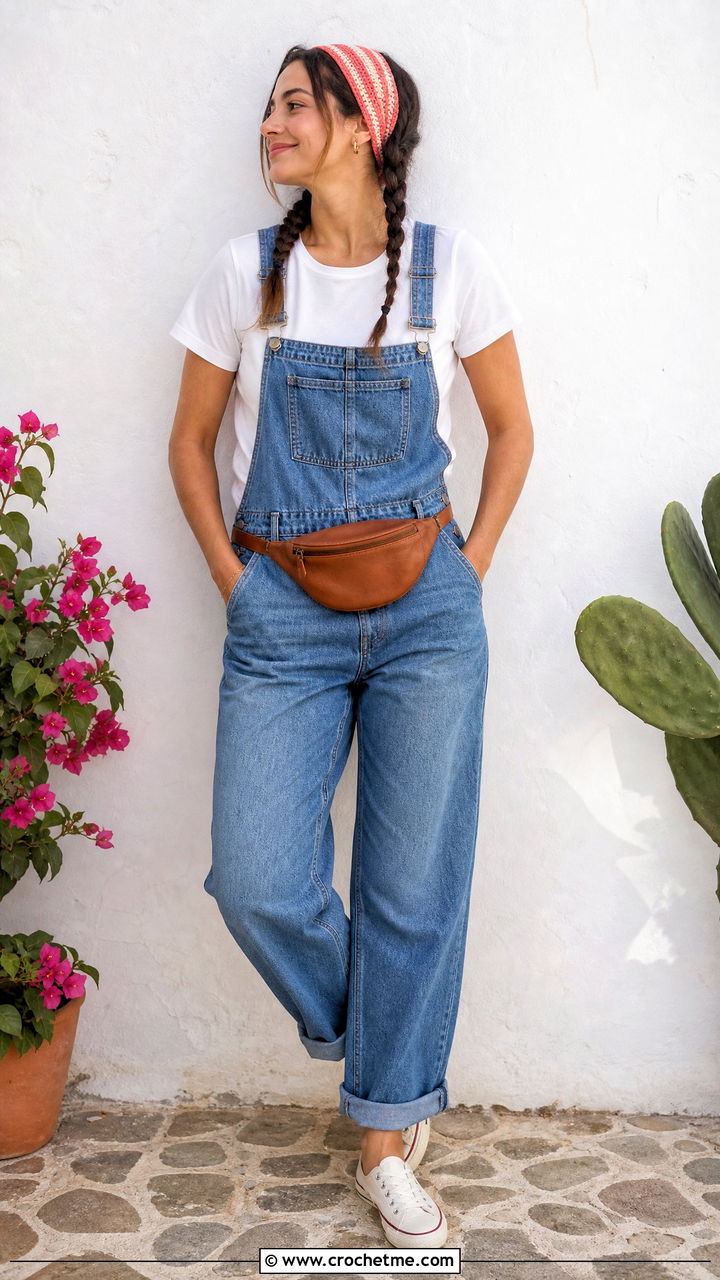 Striped Crochet Headband With Denim Overalls - 35 crochet headbands outfit ideas