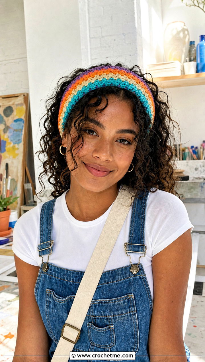 Striped Crochet Headband With Denim Overalls - 30 quick crochet headband outfit ideas