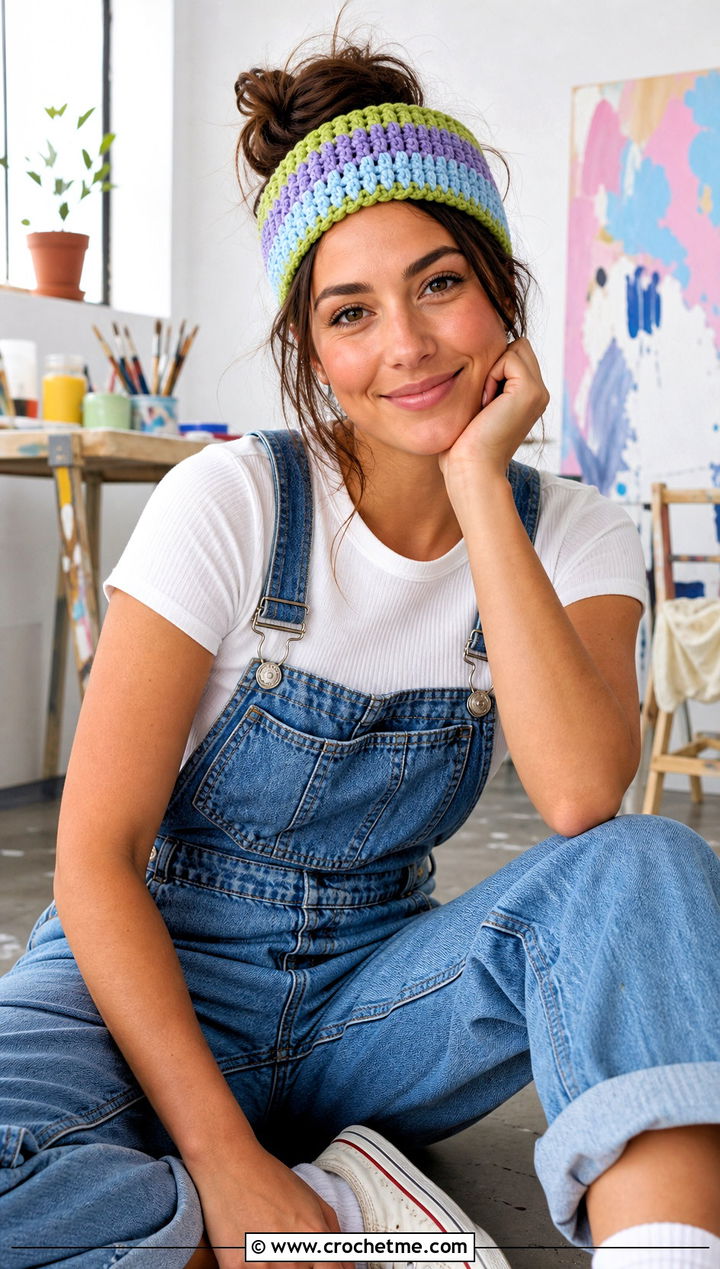 Striped Crochet Headband With Overalls - 30 chunky crochet headband outfit ideas