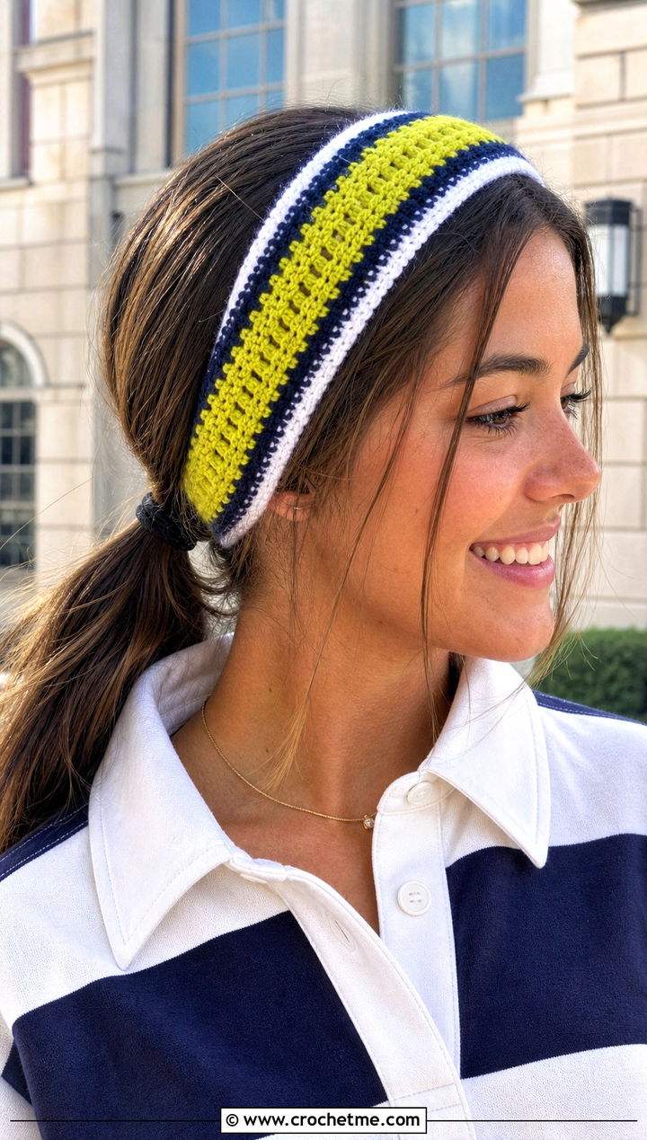 Striped Crochet Headband With Rugby Shirt - 30 crochet fall headband outfit ideas