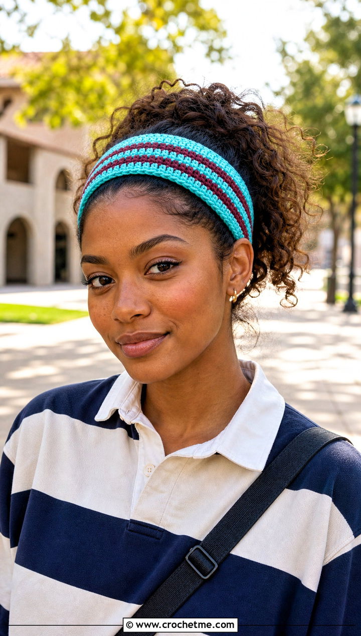 Striped Crochet Headband With Rugby Shirt - 30 crochet headband curly hair outfit ideas