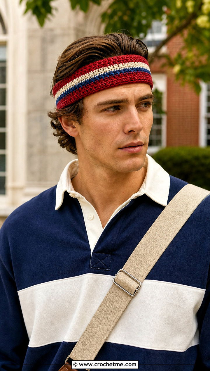 Striped Crochet Headband With Rugby Shirt - 25 men's crochet headband outfit ideas