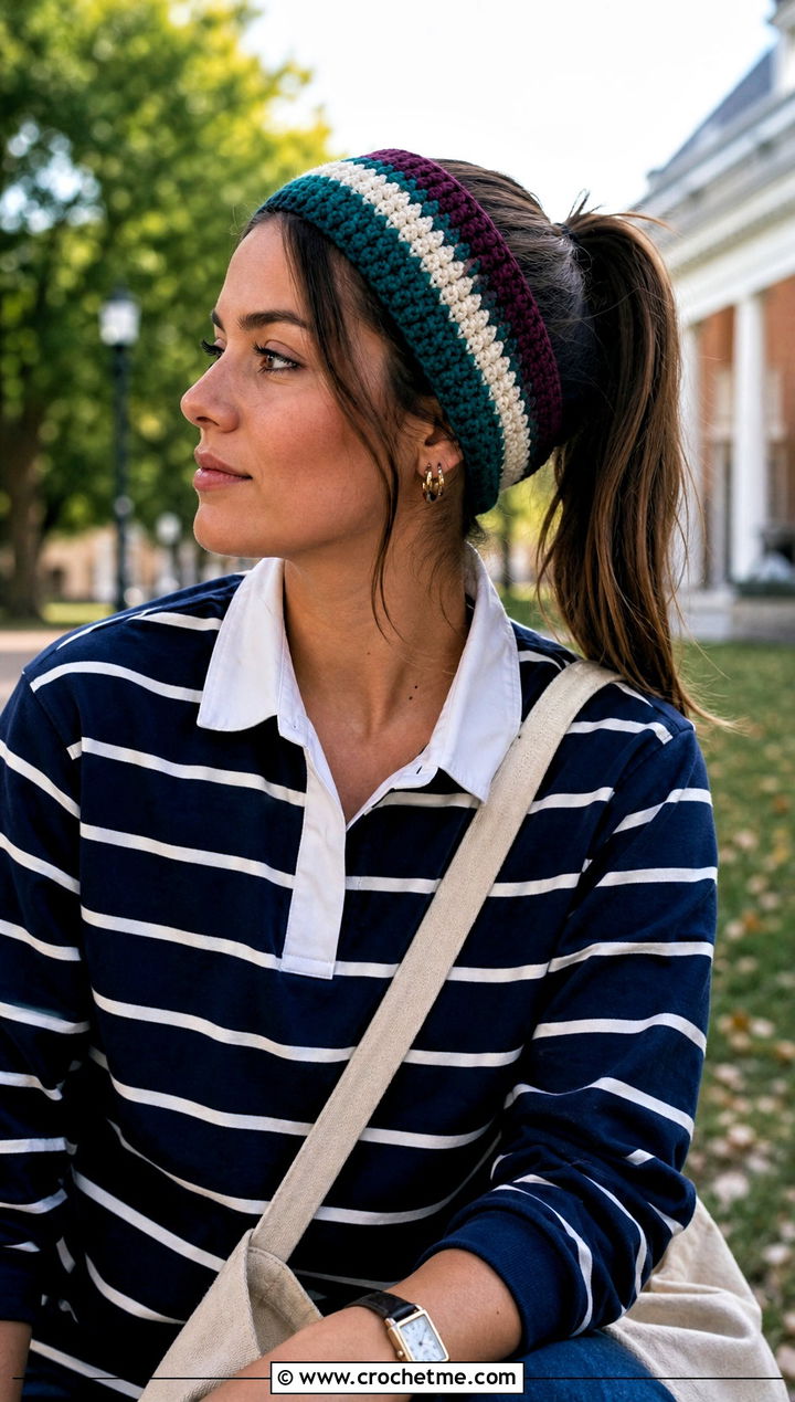 Striped Crochet Headband With Rugby Shirt - 30 boho crochet headband outfit ideas