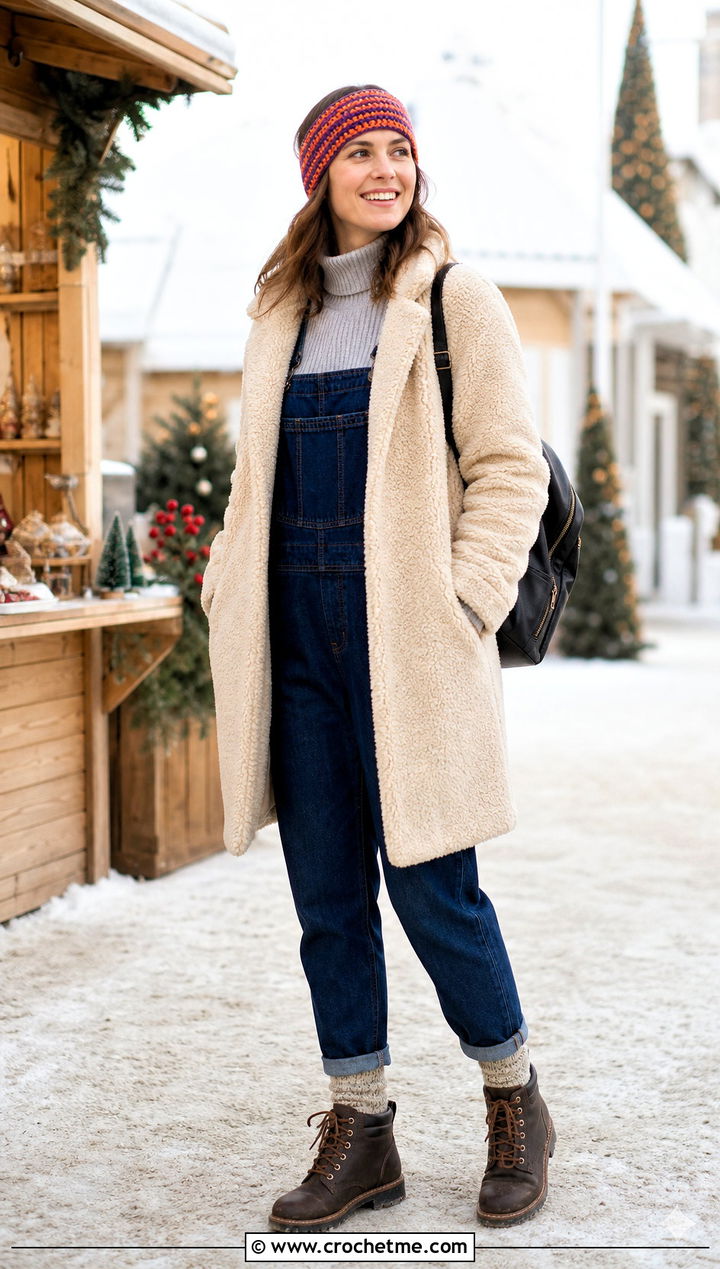 Striped Crochet Headband With Teddy Coat And Denim Overalls - 35 winter crochet headband outfit ideas