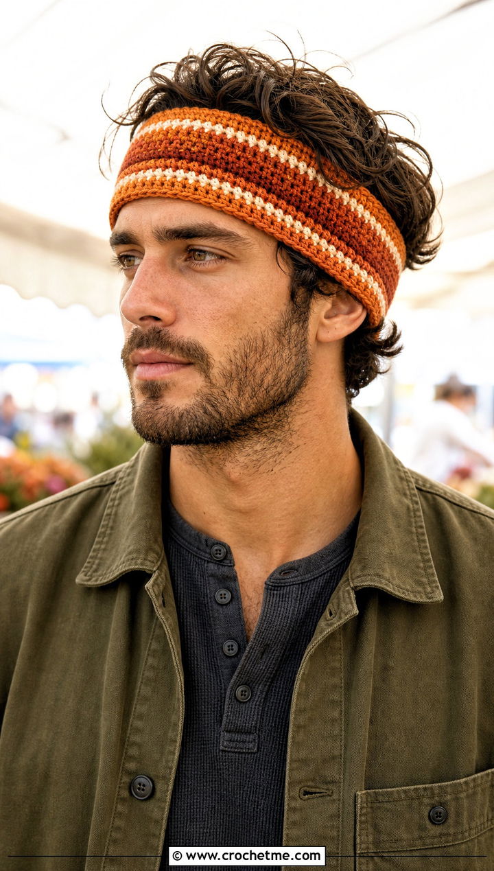 Striped Crochet Headband With Workwear Overshirt And Utility Pants - 15 Crochet Headband For Men outfit ideas
