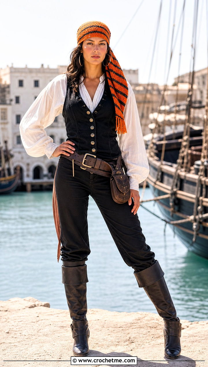 Striped Crochet Headscarf Pirate Costume With Vest And Boots - 15 Crochet Costume outfit ideas