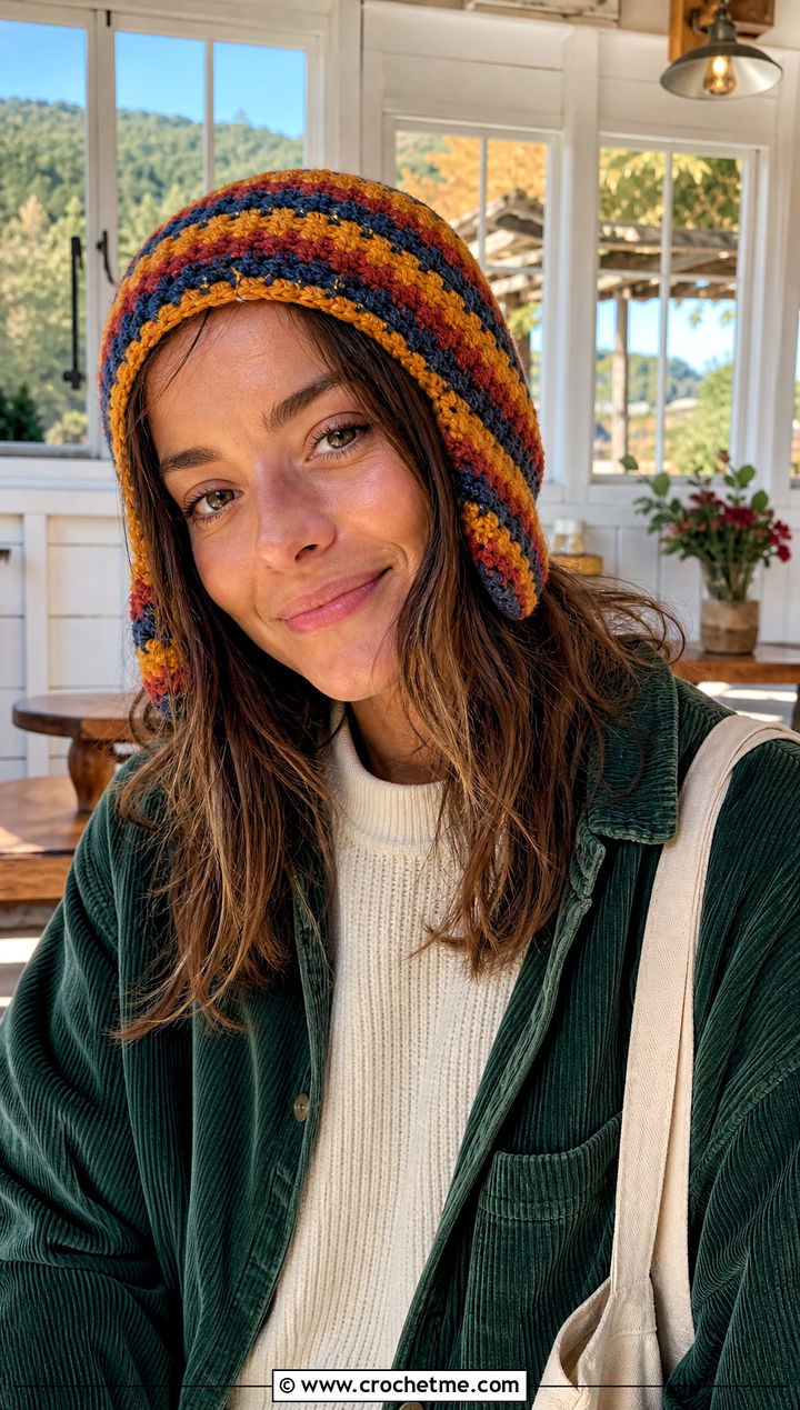 Striped Crochet Hood Hat With Corduroy Overshirt - 25 crochet hood hat outfit ideas