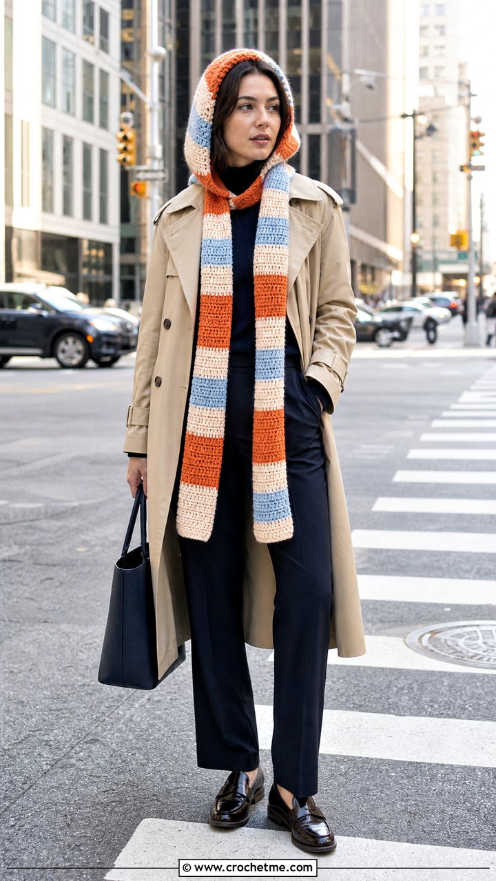 Striped Crochet Hood Scarf With Trench Coat - 35 crochet hood scarf outfit ideas