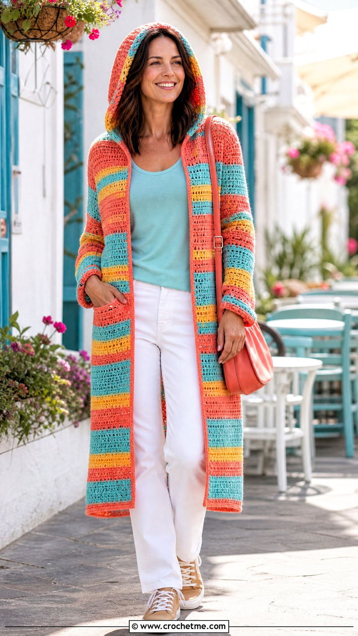 Striped Crochet Hooded Cardigan With White Jeans - 35 crochet hooded cardigan outfit ideas