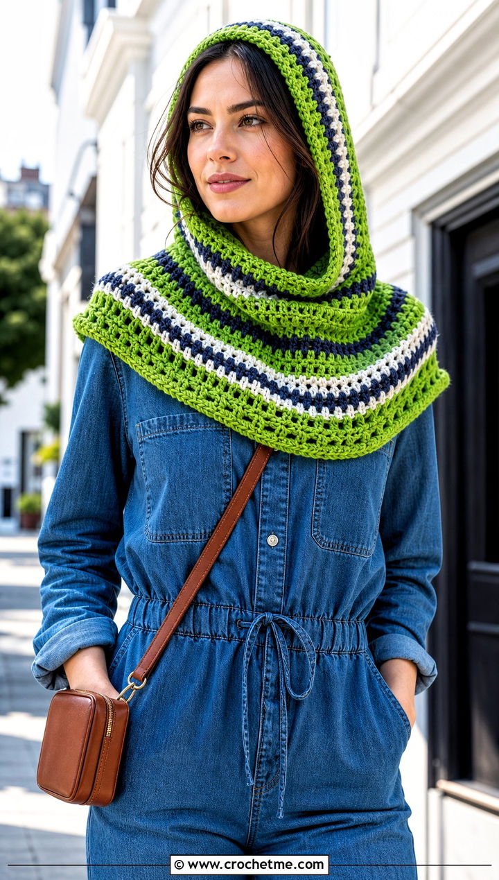 Striped Crochet Hooded Cowl With Denim Jumpsuit - 30 easy crochet hooded cowl outfit ideas