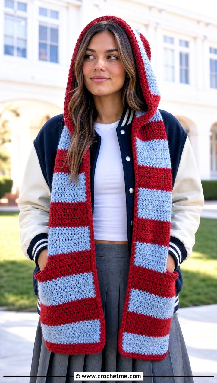 Striped Crochet Hooded Pocket Scarf With Varsity Jacket - 25 crochet hooded pocket scarf outfit ideas