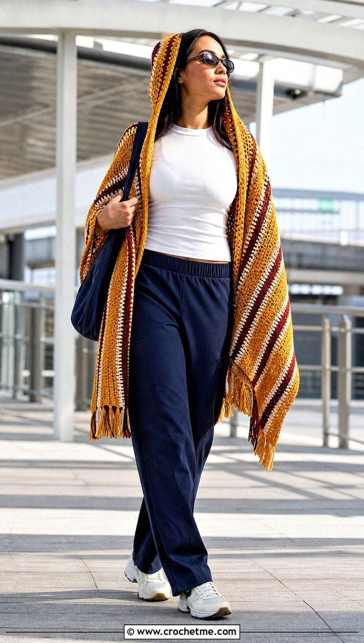 Striped Crochet Hooded Shawl With Track Pants - 35 crochet hooded shawl outfit ideas