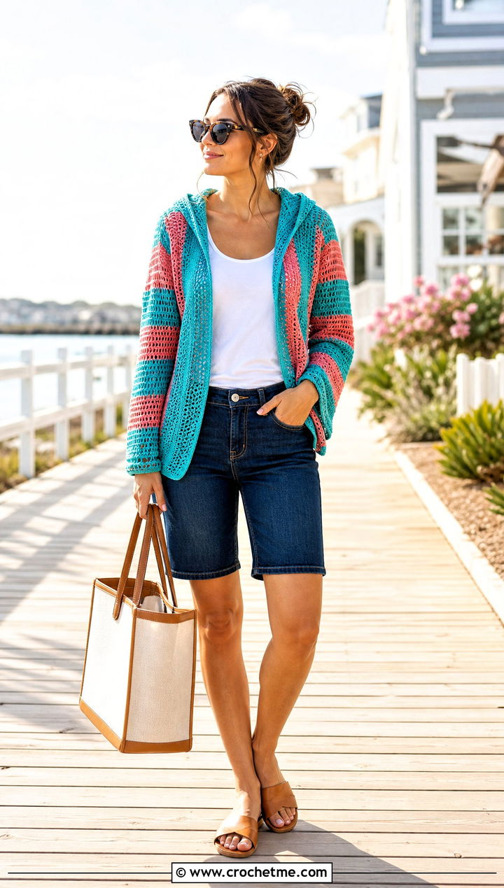 Striped Crochet Hooded Sweater With Denim Bermuda Shorts - 30 crochet hooded sweater outfit ideas