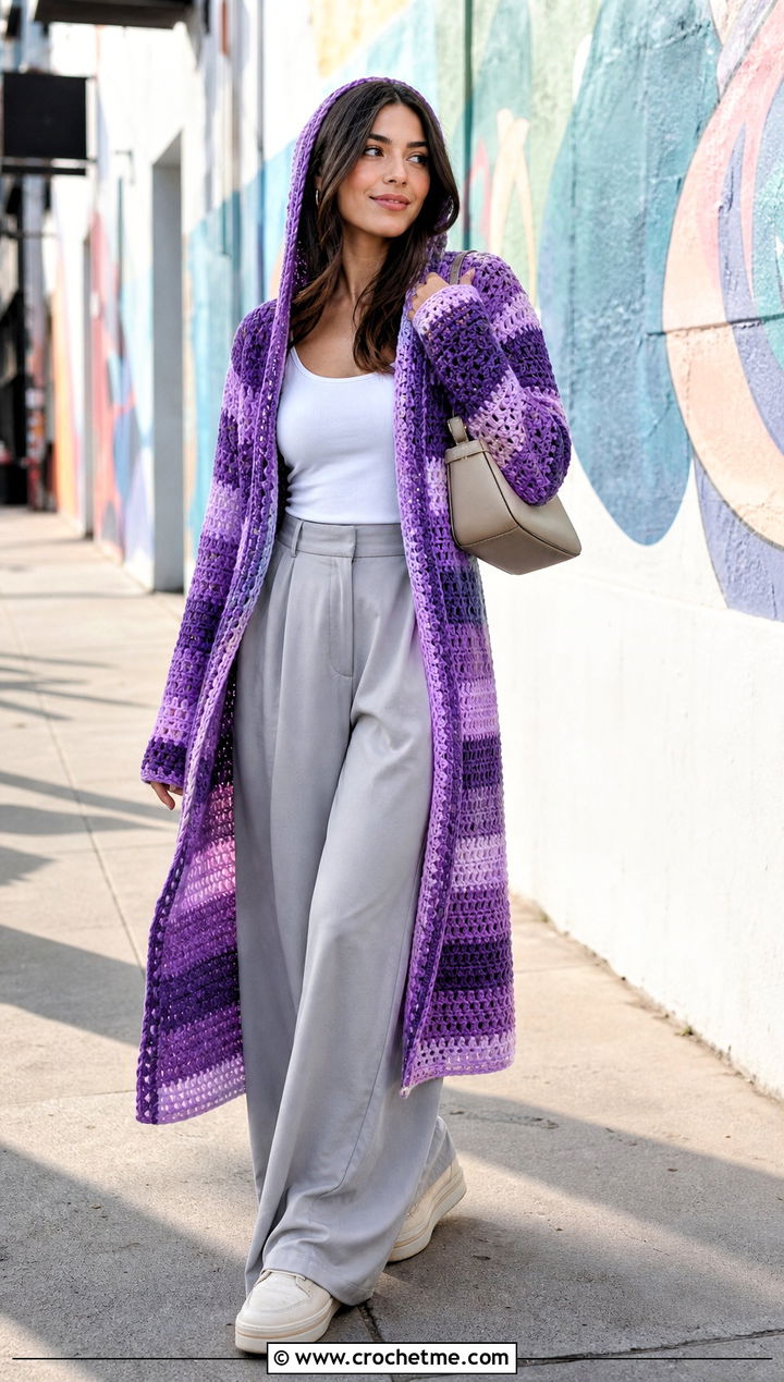 Striped Crochet Hoodie Blanket With Wide Leg Pants - 25 crochet hoodie blanket outfit ideas