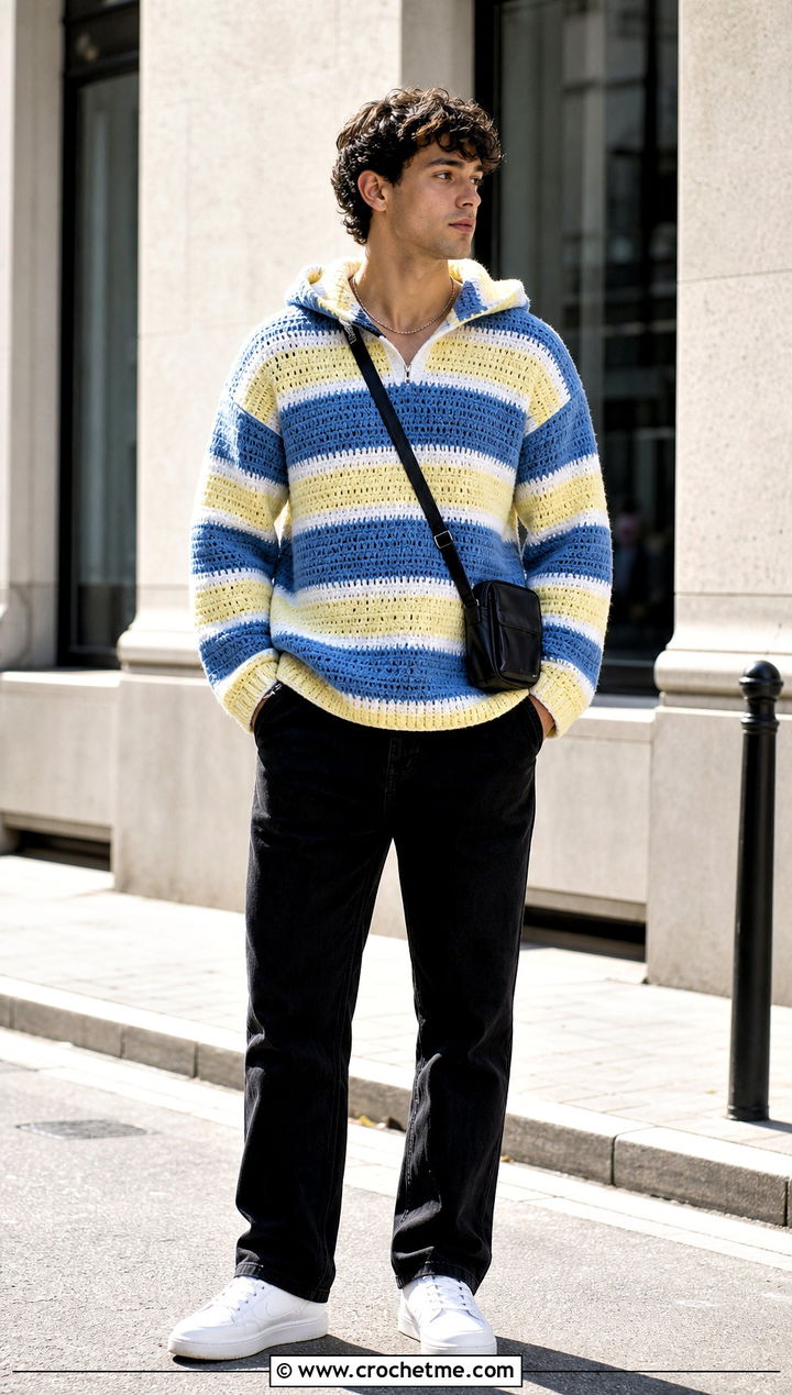 Striped Crochet Hoodie With Black Jeans - 30 Crochet Hoodies For Men outfit ideas