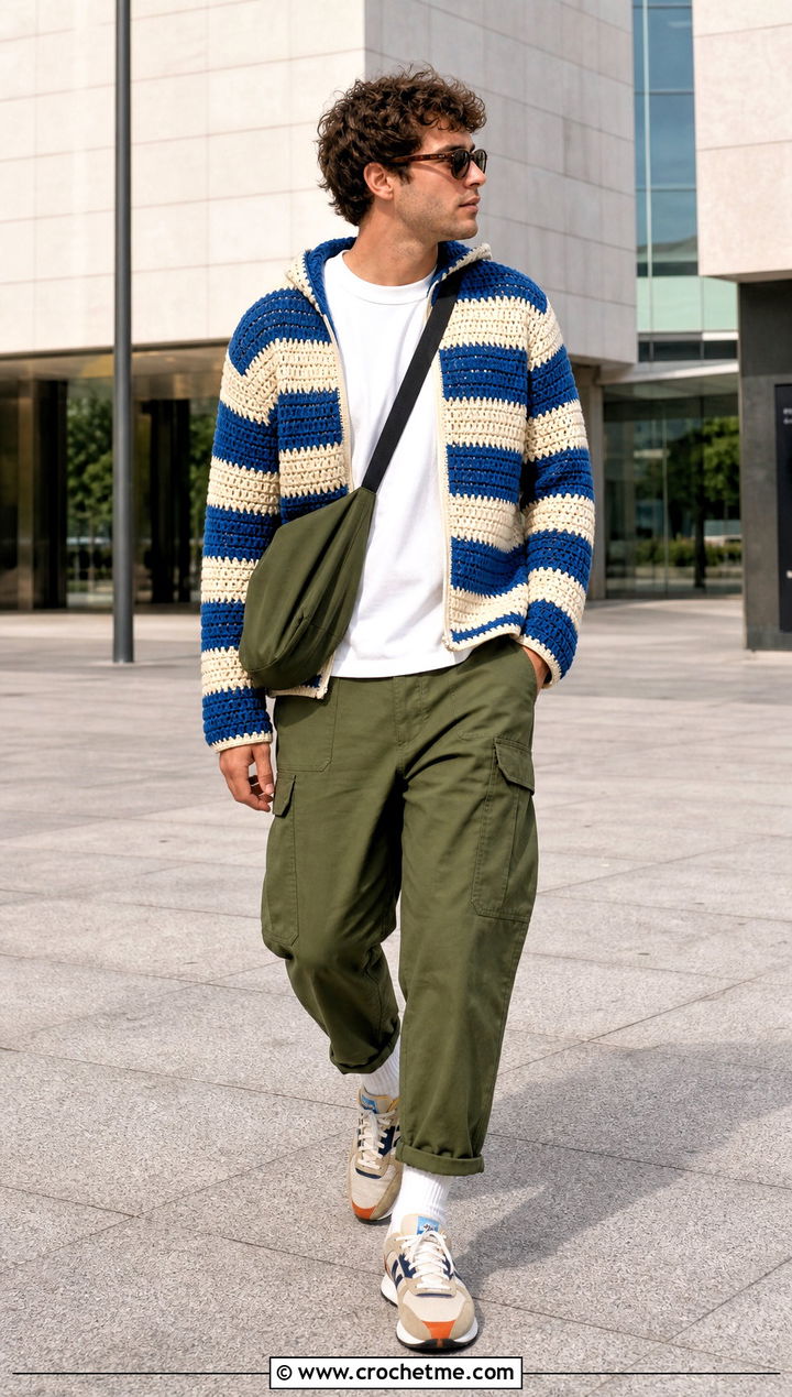 Striped Crochet Hoodie With Cargo Pants - 30 crochet mens hoodie outfit ideas