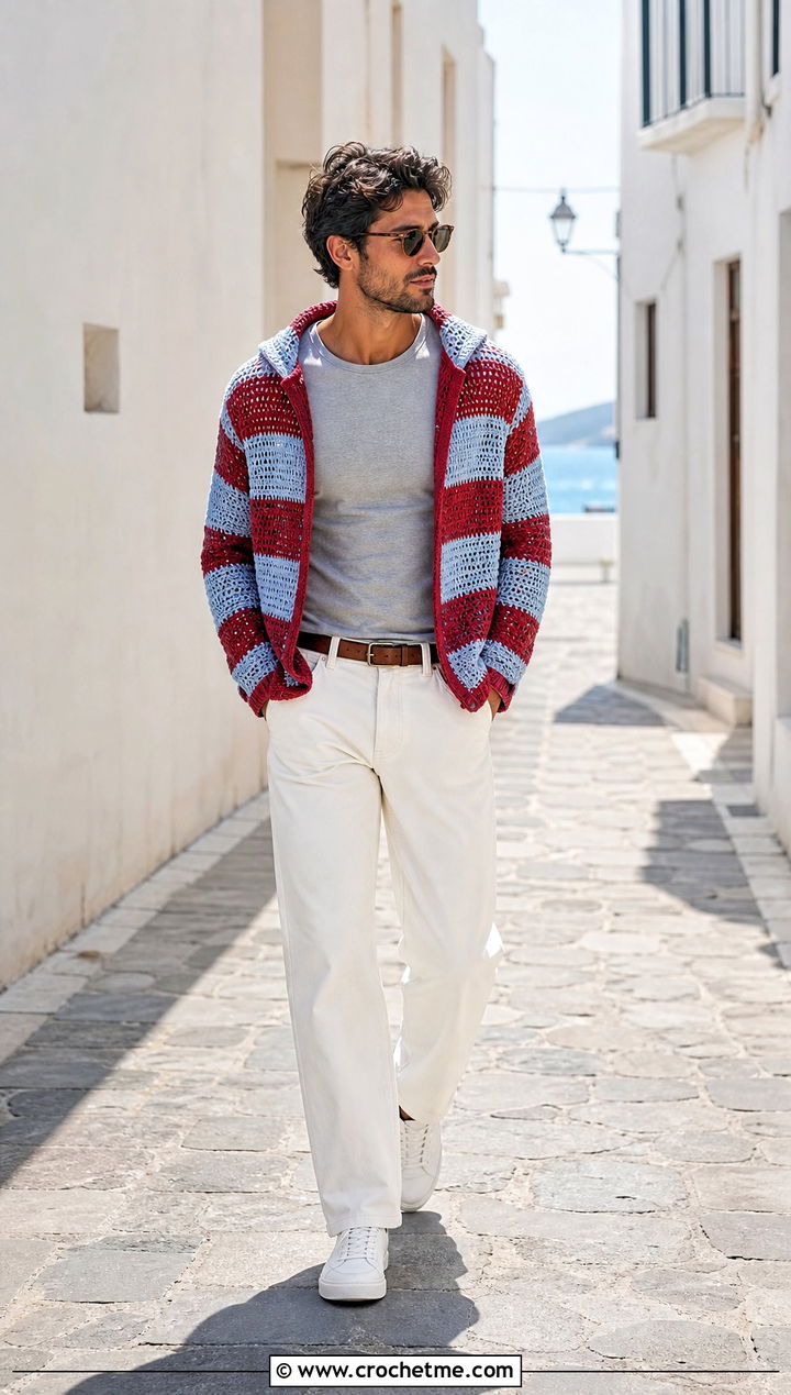 Striped Crochet Hoodie With White Jeans - 35 crochet hoodie for men outfit ideas