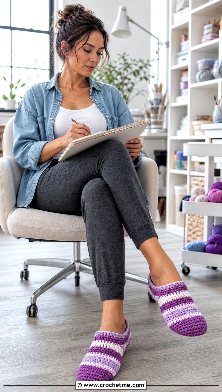 Striped Crochet House Shoes With a Denim Shirt - 25 crochet house shoes outfit ideas
