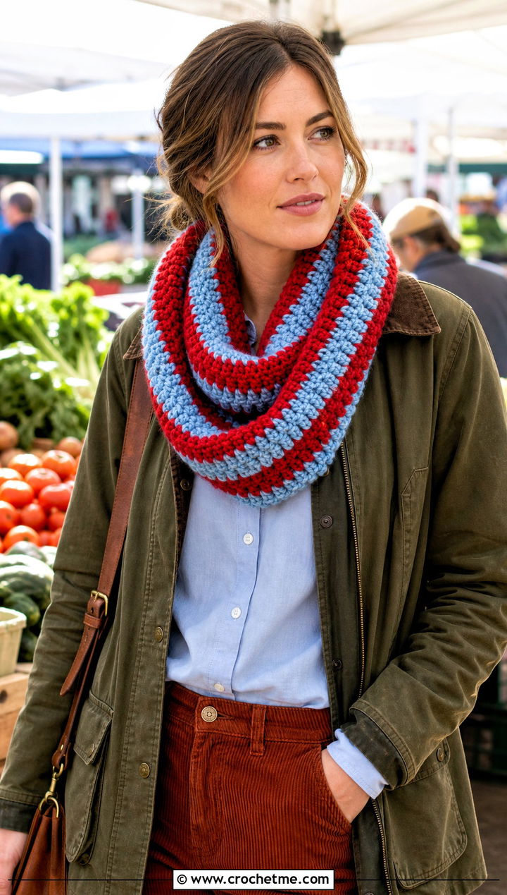 Striped Crochet Infinity Scarf With Barn Jacket And Corduroy Pants - 15 Oversized Crochet Infinity Scarf outfit ideas