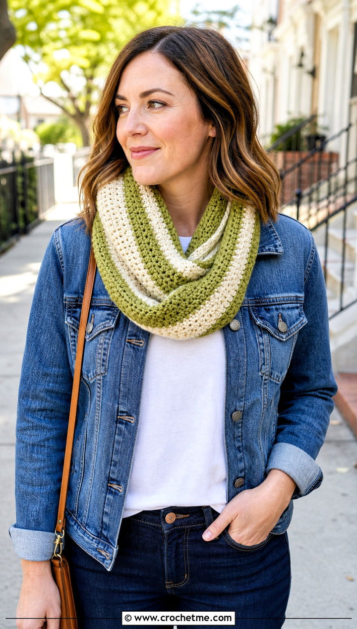 Striped Crochet Infinity Scarf With Denim Jacket - 20 Crochet Loop Scarf outfit ideas