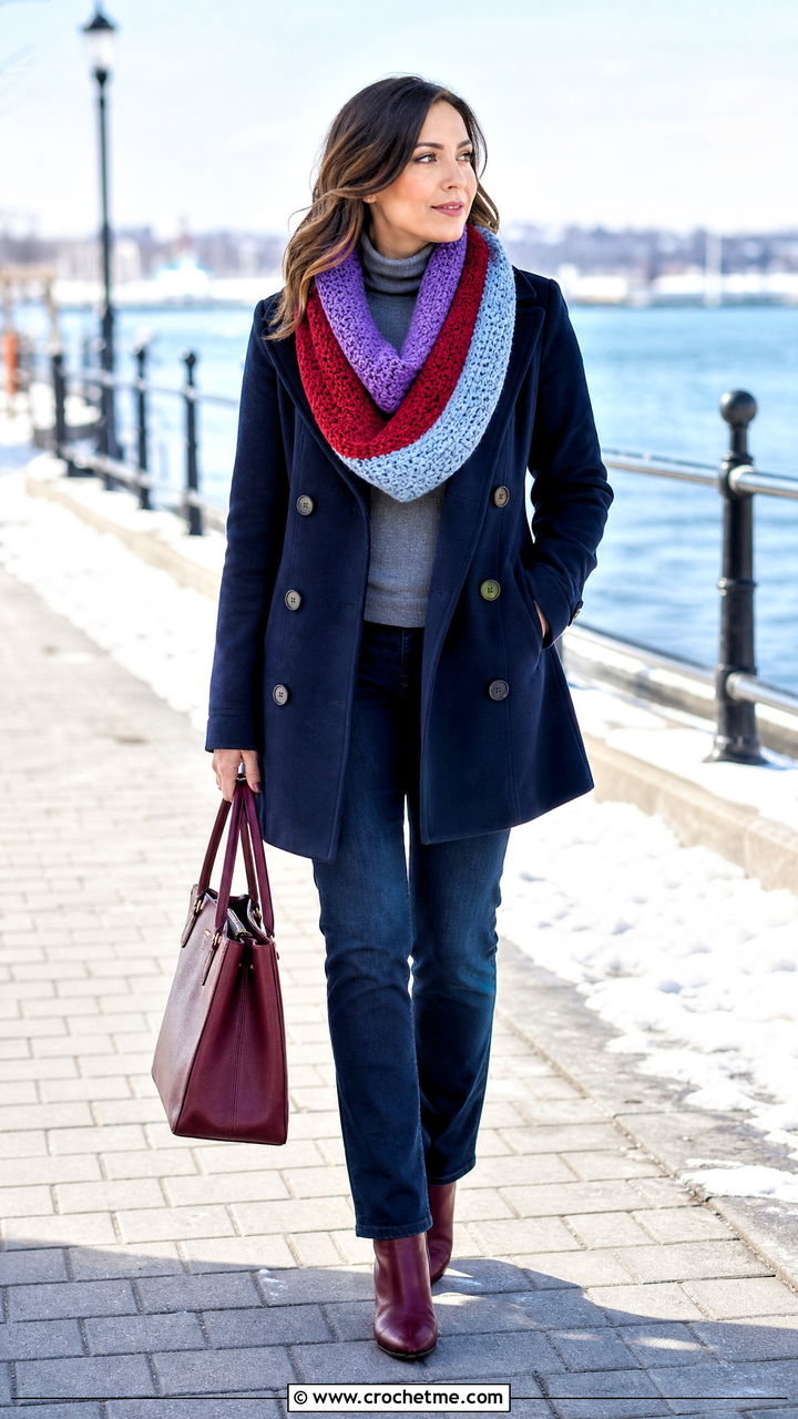 Striped Crochet Infinity Scarf With Peacoat - 35 crochet infinity scarf outfit ideas