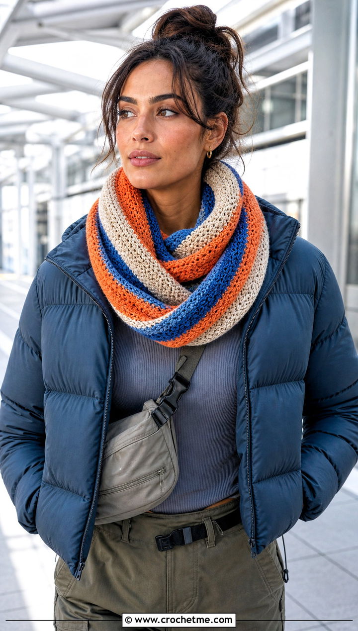 Striped Crochet Infinity Scarf With Puffer Jacket - 30 striped crochet scarf outfit ideas