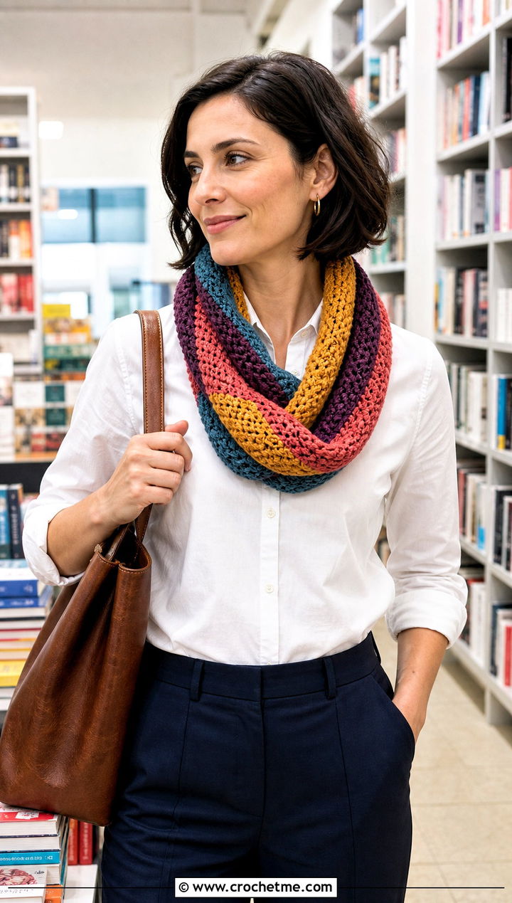 Striped Crochet Infinity Scarf With White Shirt - 30 easy crochet infinity scarf outfit ideas