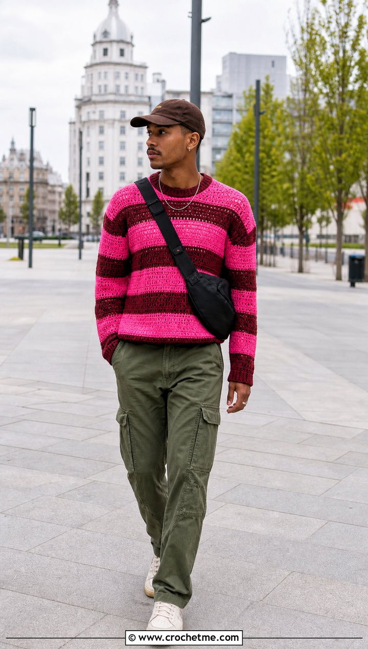 Striped Crochet Jumper With Cargo Pants - 25 mens crochet jumper outfit ideas